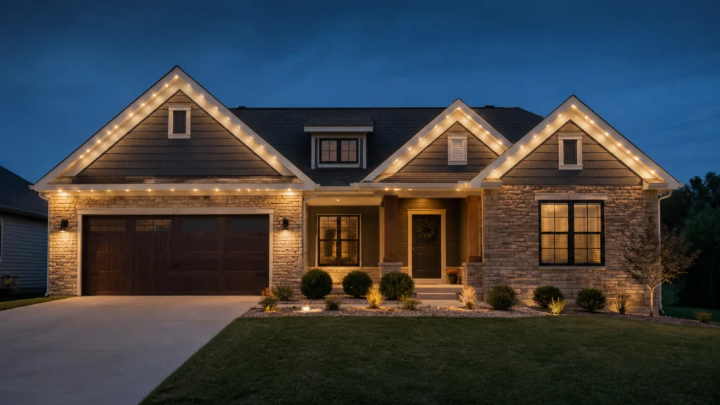 Warm white permanent outdoor roofline lighting on a Columbia-area home at dusk.