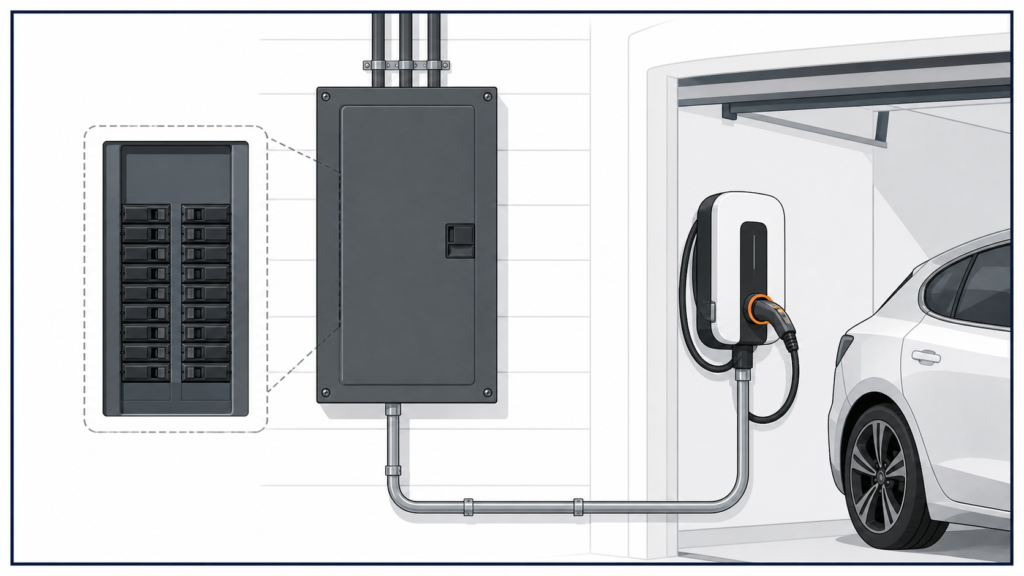 Illustration of a home electrical panel connected to a Level 2 EV charger in a garage