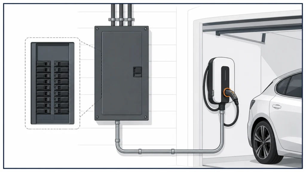 Illustration of a home electrical panel connected to a Level 2 EV charger in a garage