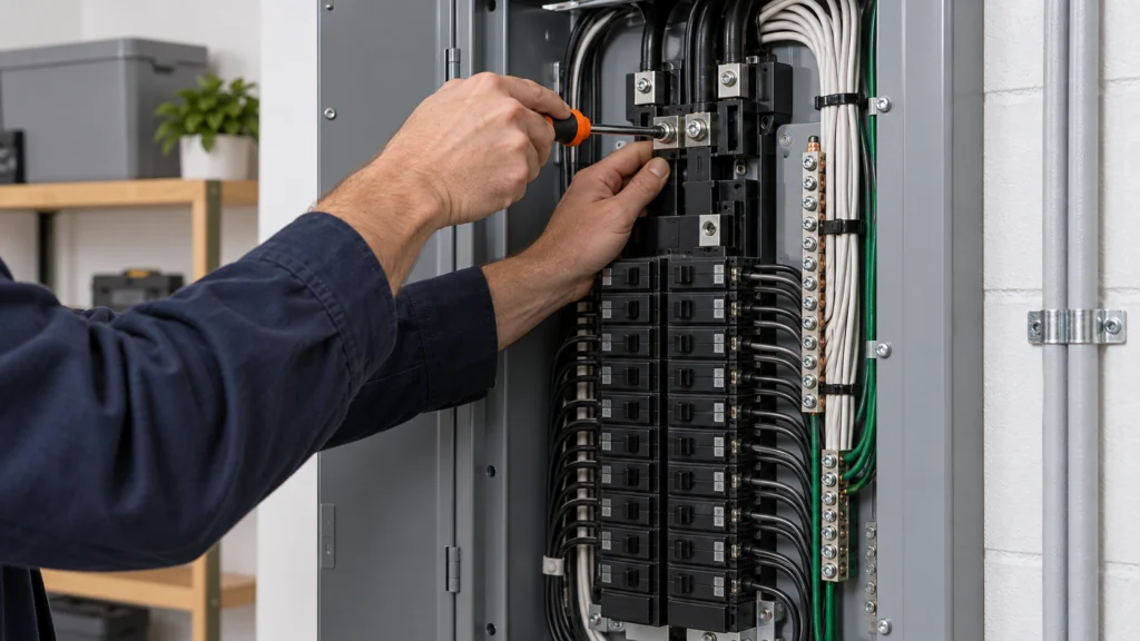 Electrician inspecting and tightening connections inside an open residential electrical panel during an annual whole-home checkup